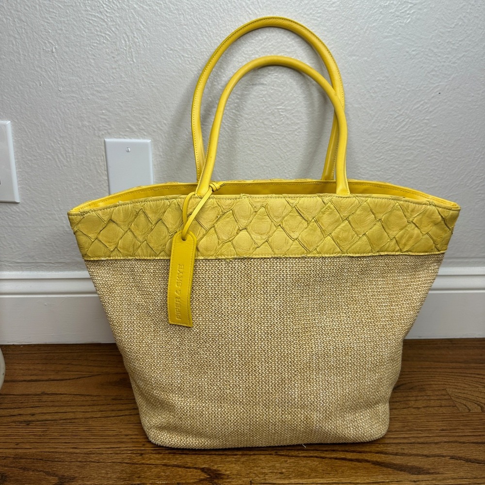 Piper & Skye Rio Beach Bag in Honey Yellow Pirarucu Leather Raffia Large Tote - Picture 2 of 9